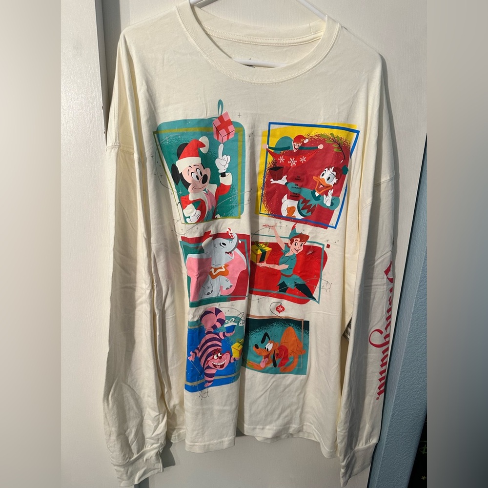 Disney Cream and Red Long Sleeve Tee with Holiday Cartoon Design